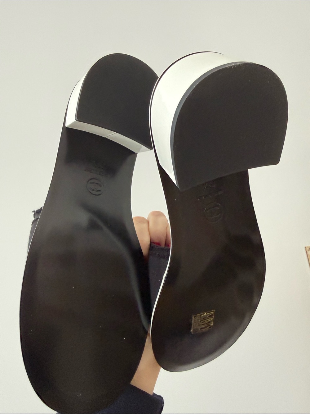 CHANEL Black and White Leather Block Heel Mules - Women